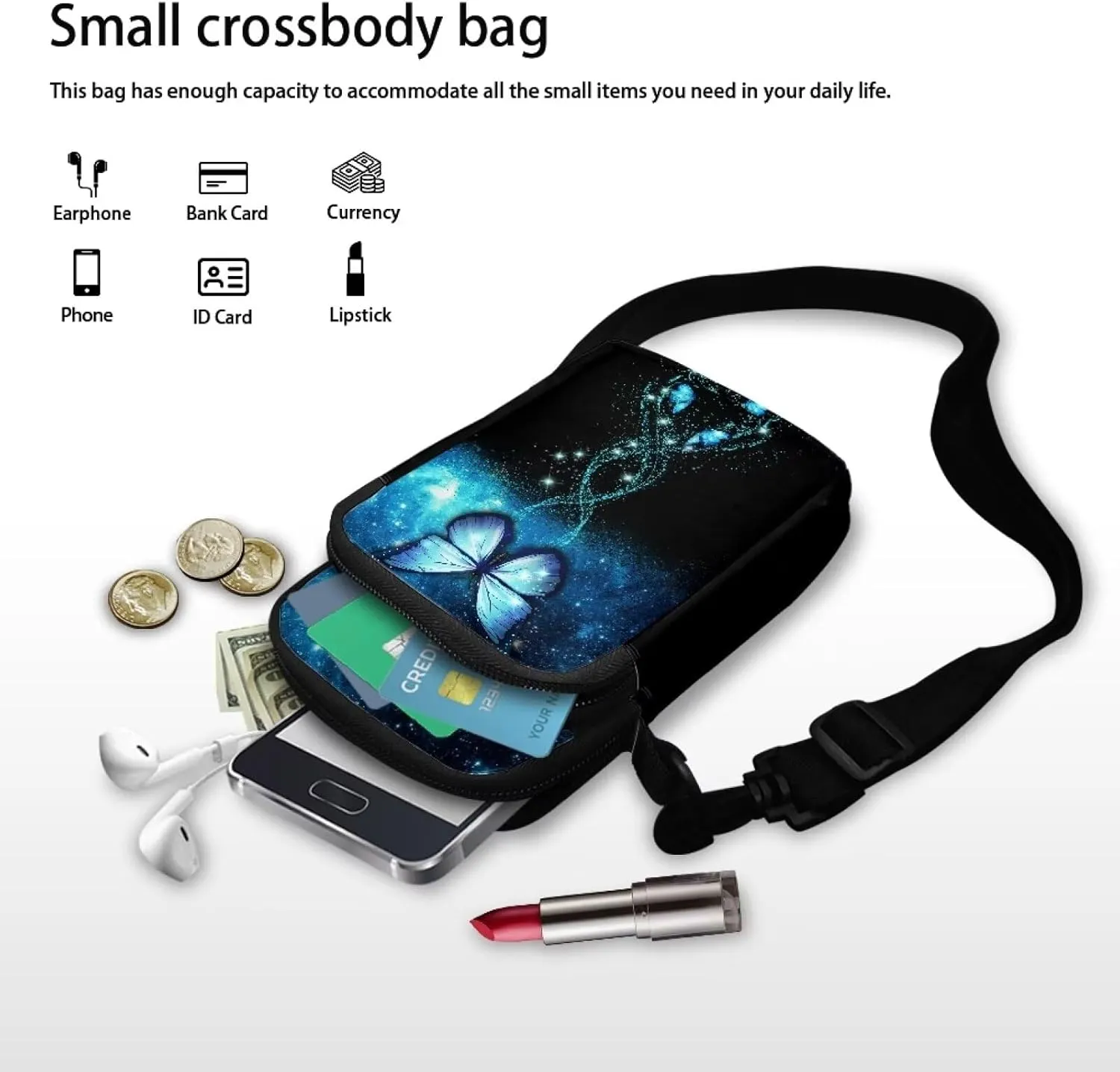 HUGS IDEA Blue Butterfly Print Small Messenger Bag Cell Phone Clutch Purse Handbag for Women Mini Crossbody Satchel Handbag