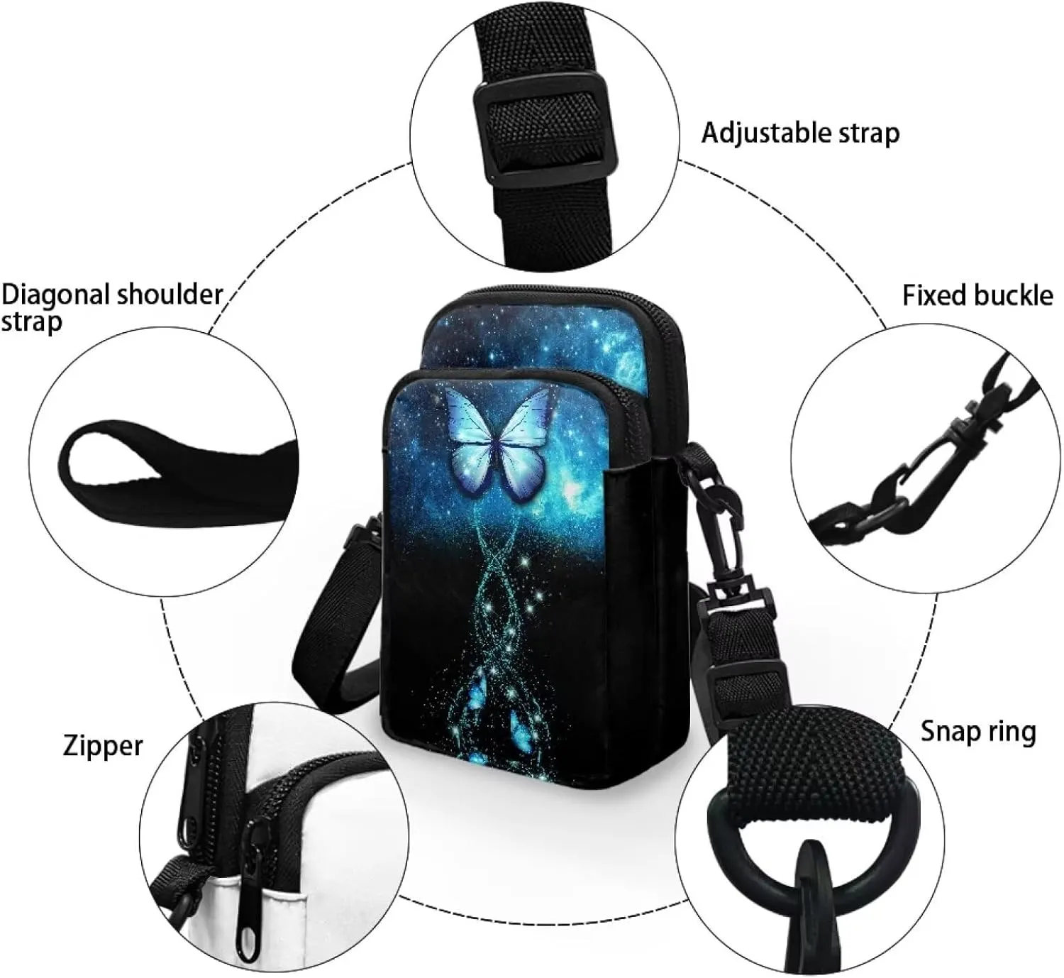 HUGS IDEA Blue Butterfly Print Small Messenger Bag Cell Phone Clutch Purse Handbag for Women Mini Crossbody Satchel Handbag