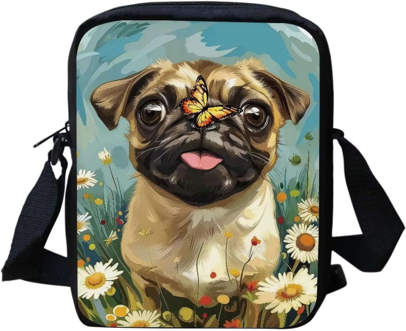 HUGS IDEA Butterfly Pug Dog Messenger Crossbody Shoulder Bag for Women Girls - Mini Cell Phone Purse Pouch Wallet Side Bag Satchel