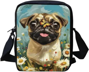 HUGS IDEA Butterfly Pug Dog Messenger Crossbody Shoulder Bag for Women Girls - Mini Cell Phone Purse Pouch Wallet Side Bag Satchel