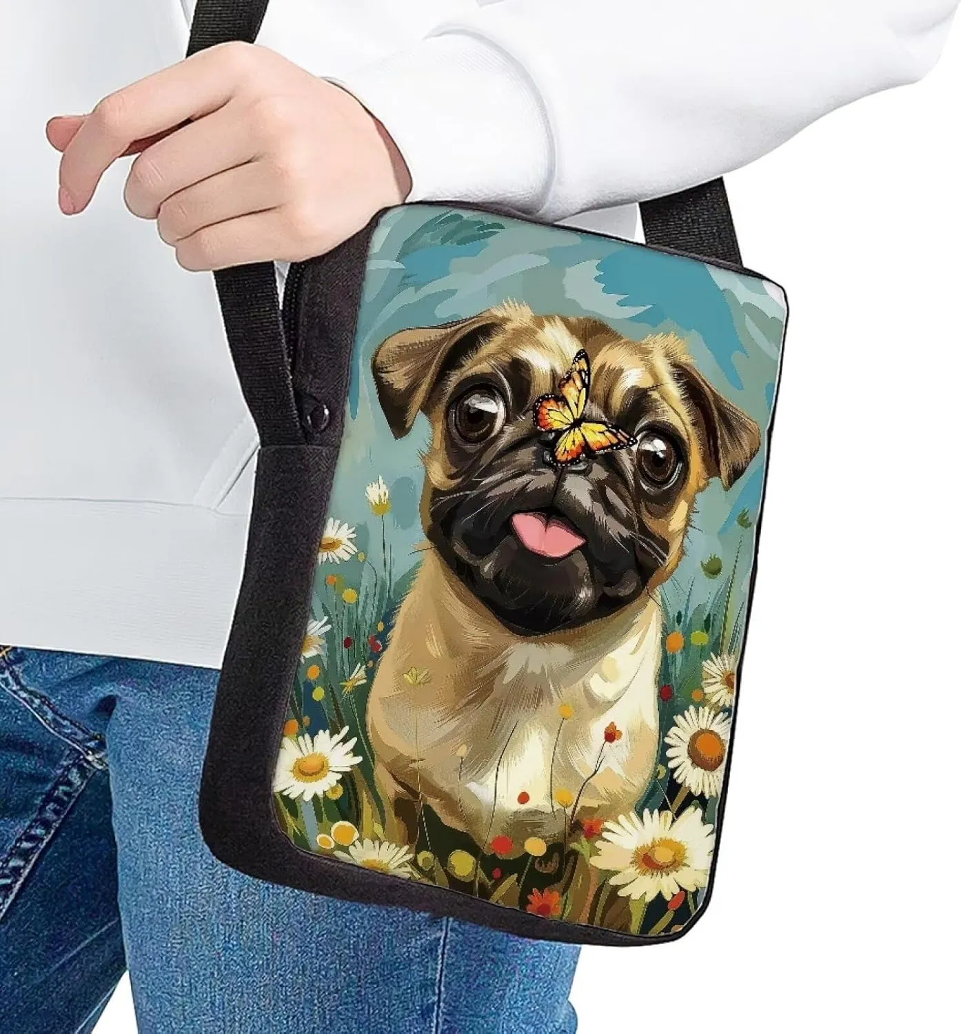 HUGS IDEA Butterfly Pug Dog Messenger Crossbody Shoulder Bag for Women Girls - Mini Cell Phone Purse Pouch Wallet Side Bag Satchel