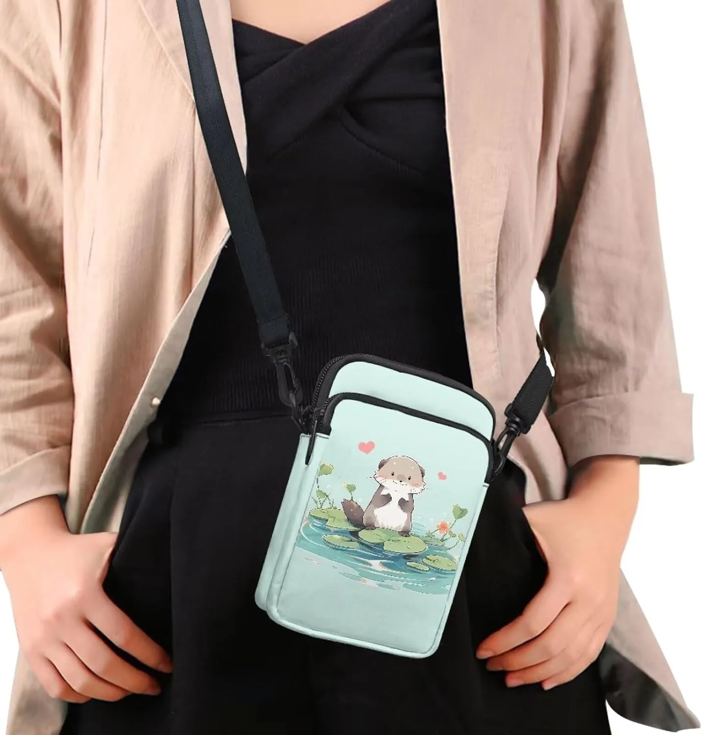 HUGS IDEA Cute Otter Crossbody Bags for Women Men Trendy with Zipper Sling Purse Phone Holder Messenger Bag Small Shoulder Bag