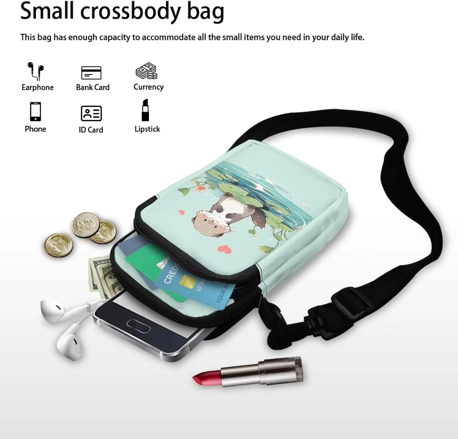 HUGS IDEA Cute Otter Crossbody Bags for Women Men Trendy with Zipper Sling Purse Phone Holder Messenger Bag Small Shoulder Bag