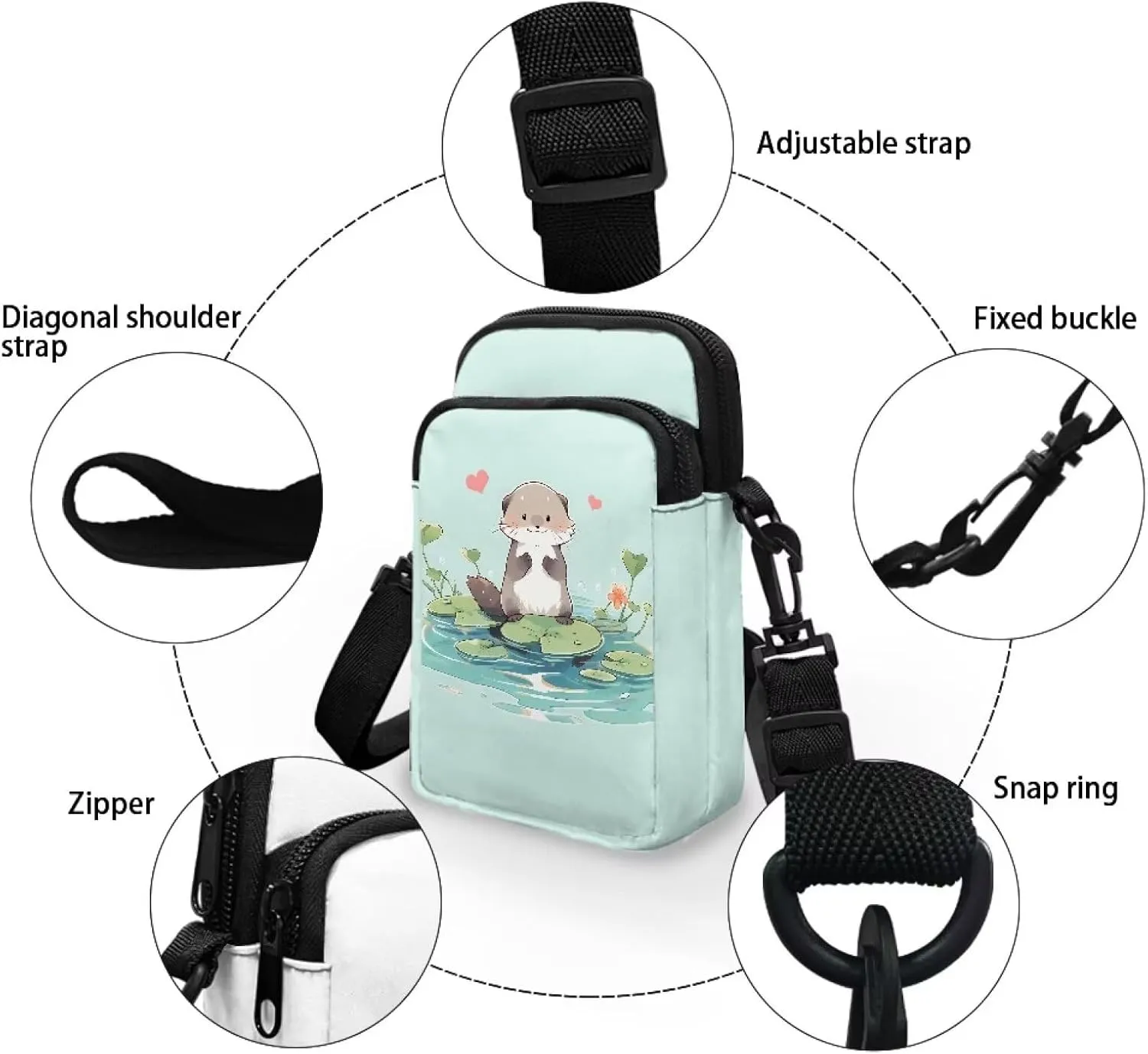 HUGS IDEA Cute Otter Crossbody Bags for Women Men Trendy with Zipper Sling Purse Phone Holder Messenger Bag Small Shoulder Bag