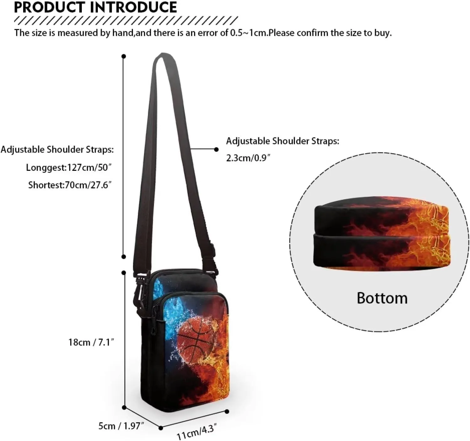 HUGS IDEA Fire Basketball Messenger Bags for Men Small Crossbody Bag Cell Phone Pouch Purse with Back Pocket Mini Sling Satchel Handbag