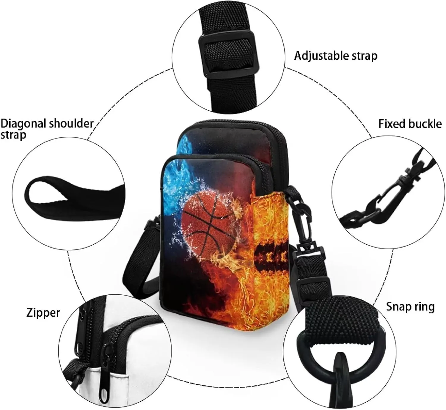 HUGS IDEA Fire Basketball Messenger Bags for Men Small Crossbody Bag Cell Phone Pouch Purse with Back Pocket Mini Sling Satchel Handbag