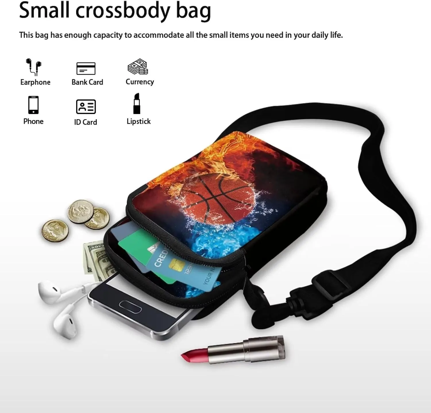 HUGS IDEA Fire Basketball Messenger Bags for Men Small Crossbody Bag Cell Phone Pouch Purse with Back Pocket Mini Sling Satchel Handbag