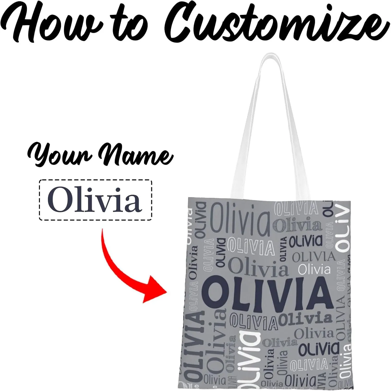 Husguciy Custom Name Tote Bag, Personalized Tote Bags with Name for Women Mom, Customized Shopping Cloth Bag Gifts for Travel