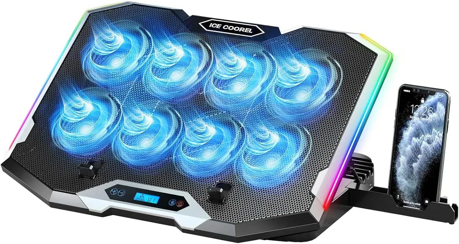 ICE COOREL Gaming Laptop Cooling Pad with 8 Cooling Fans, Laptop Fan Cooler Pad for 15-17.3 Inch, Notebook Cooler Stand with 6 Height Adjustable, RGB Cooling Pad with Two USB Port   Phone Stand