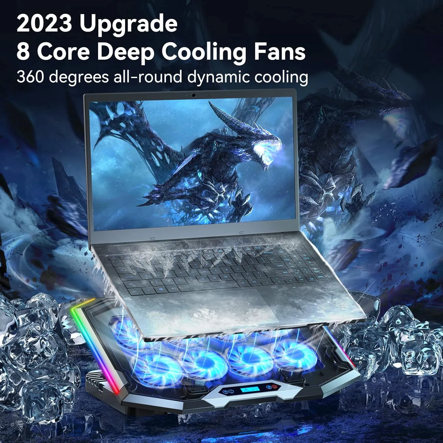 ICE COOREL Gaming Laptop Cooling Pad with 8 Cooling Fans, Laptop Fan Cooler Pad for 15-17.3 Inch, Notebook Cooler Stand with 6 Height Adjustable, RGB Cooling Pad with Two USB Port   Phone Stand