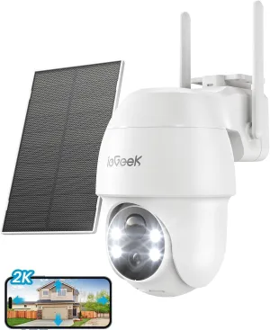 ieGeek Solar Security Cameras Wireless Outdoor, 2K 2.4G WiFi Camera with Solar Panel and Battery Powered, Color Night Vision with Spotlight, 360° PTZ, 2-Way Audio, PIR Motion Sensor, no Subscription
