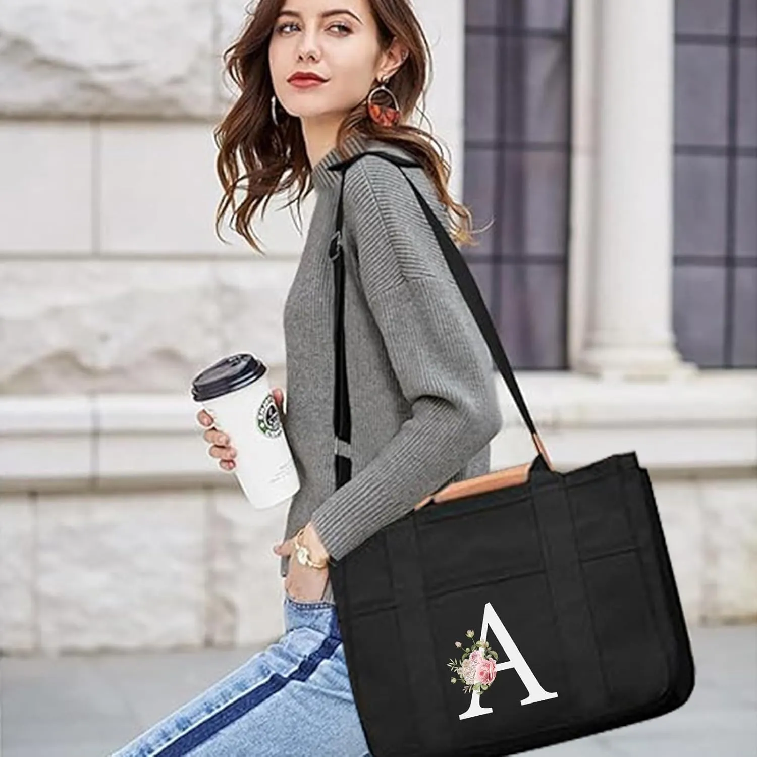 Initial Canvas Tote Bag,Personalized Present Bag Crossbody Tote Bag Handbag Suitable for Wedding Birthday Beach