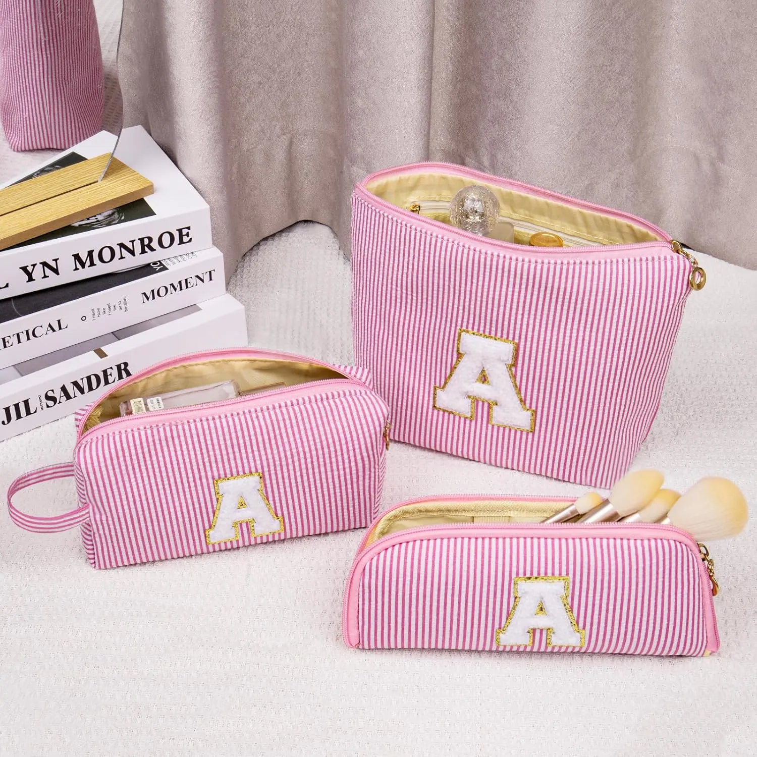 Initials Makeup Bag Set, Personalized Pink Cosmetic Bag, Cute Large Make up Bags, Travel Toiletry Bag for Women Girl Gifts E (Pink)