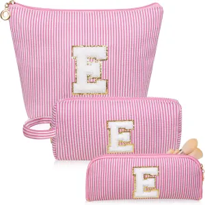 Initials Makeup Bag Set, Personalized Pink Cosmetic Bag, Cute Large Make up Bags, Travel Toiletry Bag for Women Girl Gifts E (Pink)