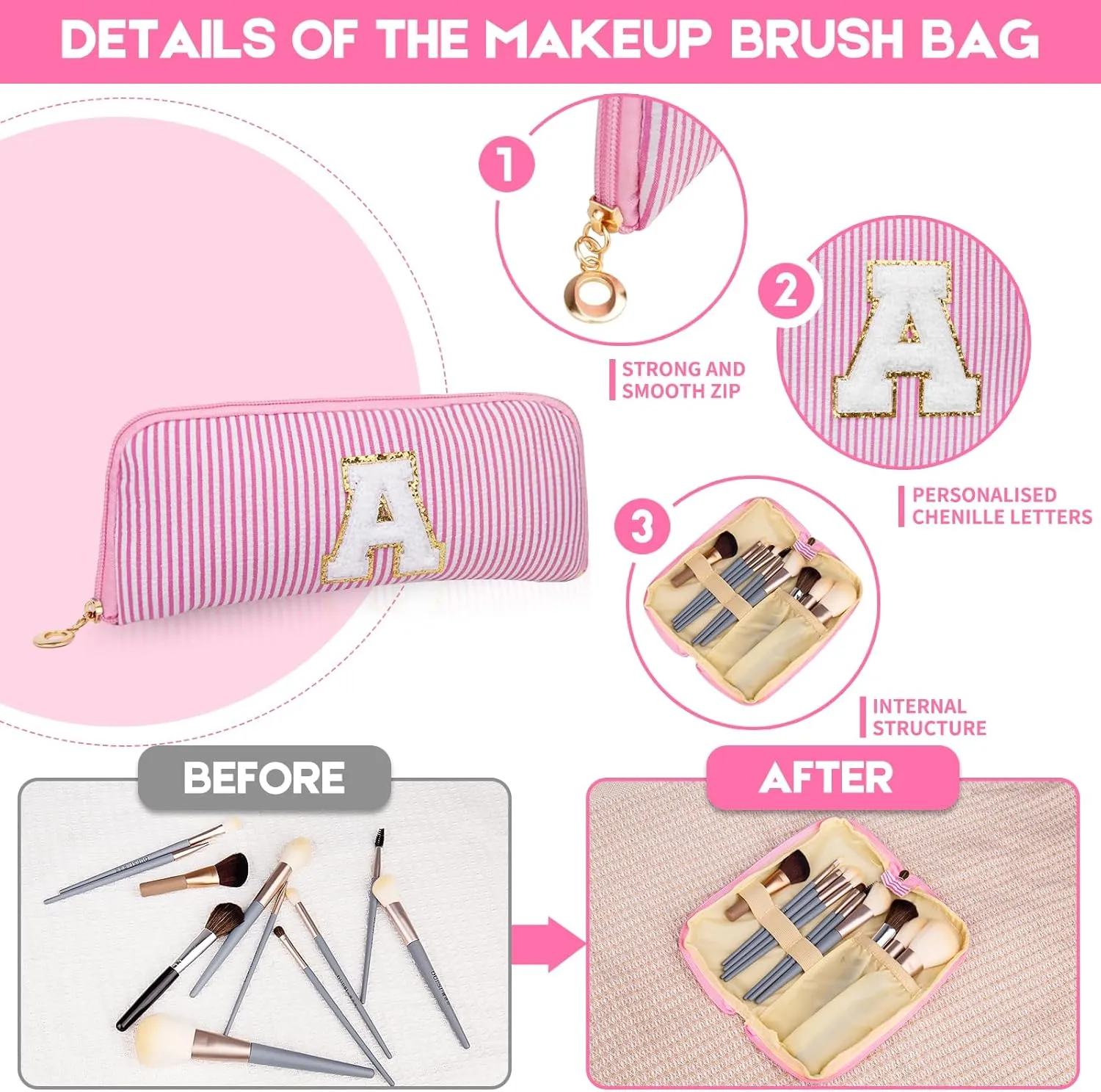 Initials Makeup Bag Set, Personalized Pink Cosmetic Bag, Cute Large Make up Bags, Travel Toiletry Bag for Women Girl Gifts E (Pink)
