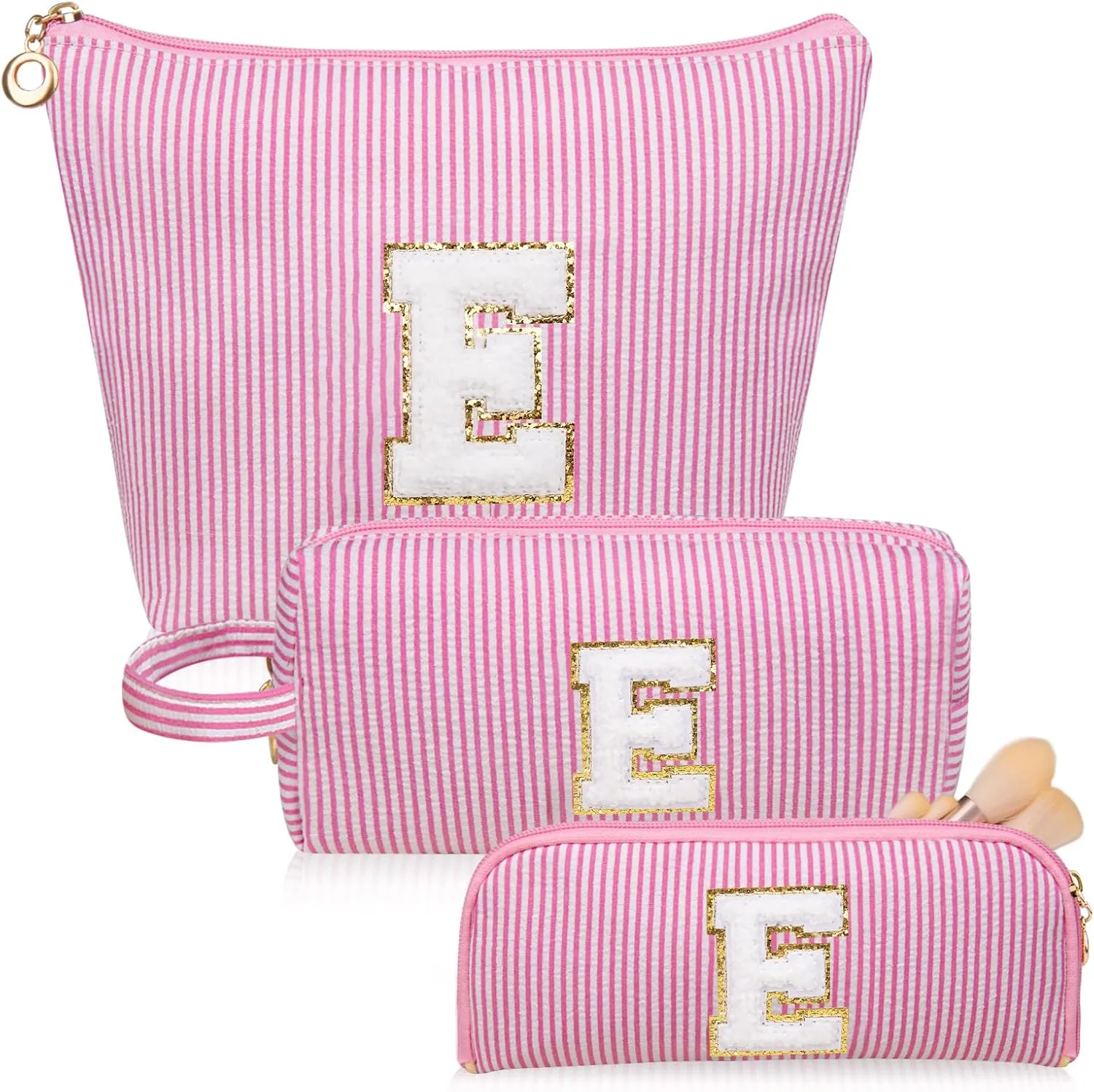Initials Makeup Bag Set, Personalized Pink Cosmetic Bag, Cute Large Make up Bags, Travel Toiletry Bag for Women Girl Gifts E (Pink)