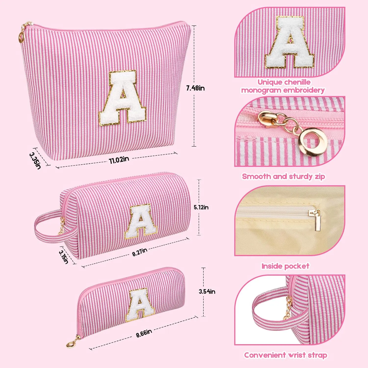 Initials Makeup Bag Set, Personalized Pink Cosmetic Bag, Cute Large Make up Bags, Travel Toiletry Bag for Women Girl Gifts E (Pink)