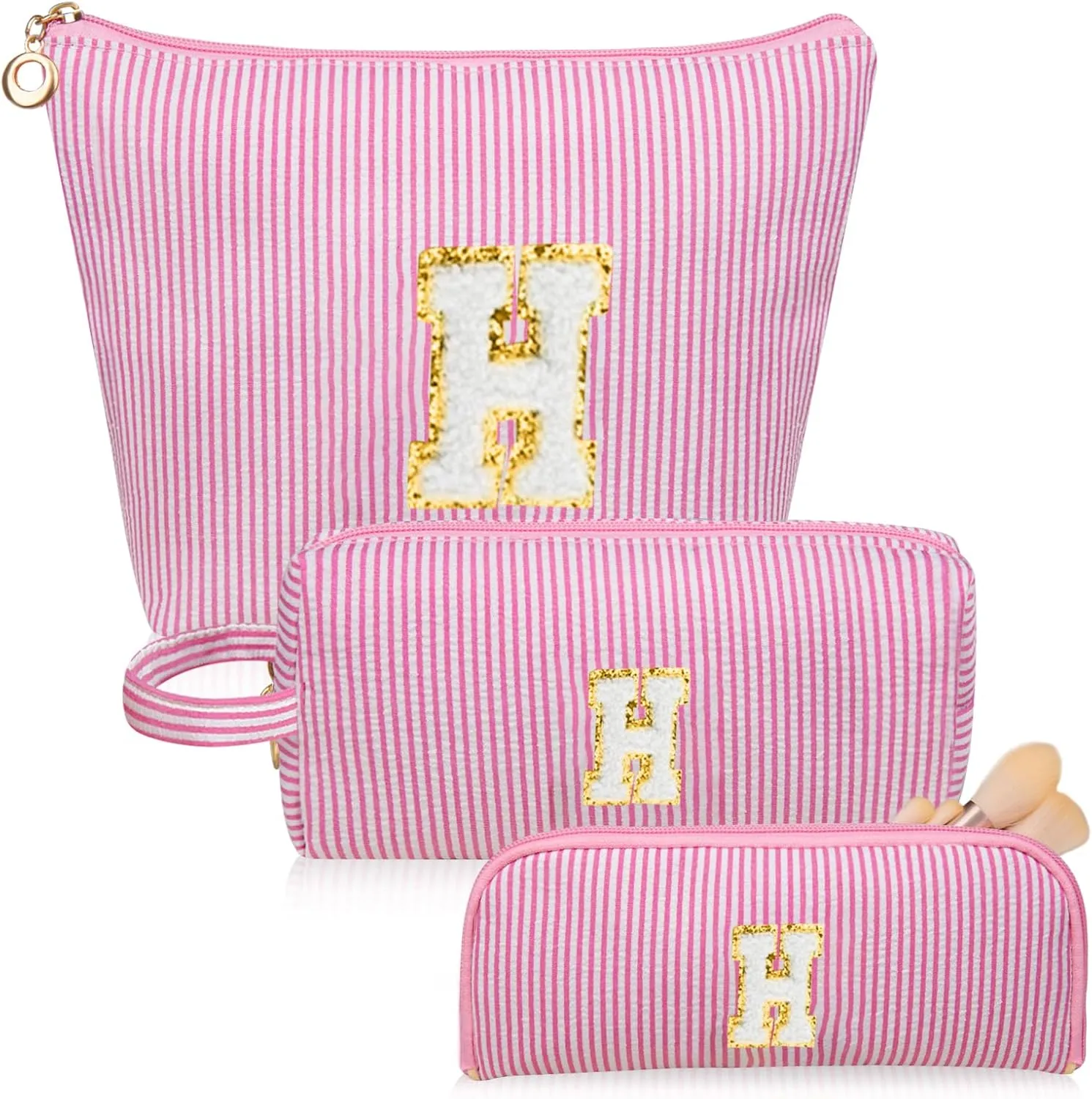 Initials Makeup Bag Set, Personalized Pink Cosmetic Bag, Cute Large Make up Bags, Travel Toiletry Bag for Women Girl Gifts H (Pink)