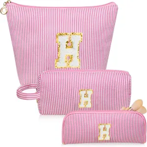 Initials Makeup Bag Set, Personalized Pink Cosmetic Bag, Cute Large Make up Bags, Travel Toiletry Bag for Women Girl Gifts H (Pink)