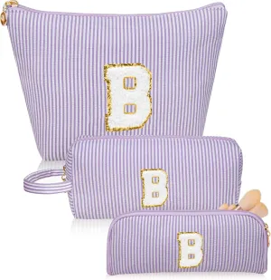 Initials Makeup Bag Set, Personalized Purple Cosmetic Bag, Cute Large Make up Bags, Travel Toiletry Bag for Women Girl Gifts B (Purple)