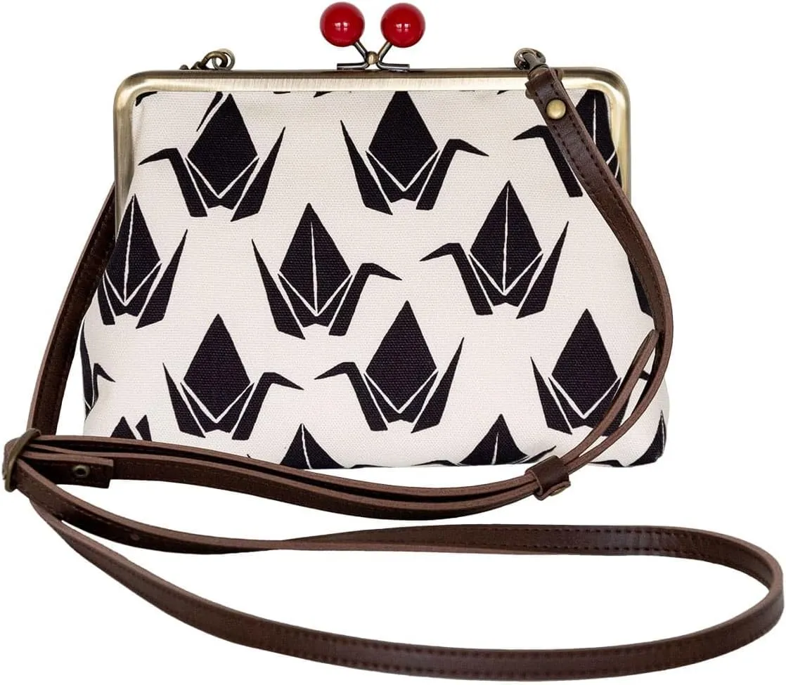 inokichi 6-Inch Gamaguchi Pochette, Japanese Pattern, Japanese Modern, Purse Pochette Cowhide Shoulder Bag, Kyoto Made in Japan, Traditional Pattern Origami Crane, Orizuru - Black,