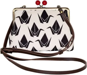 inokichi 6-Inch Gamaguchi Pochette, Japanese Pattern, Japanese Modern, Purse Pochette Cowhide Shoulder Bag, Kyoto Made in Japan, Traditional Pattern Origami Crane, Orizuru - Black,