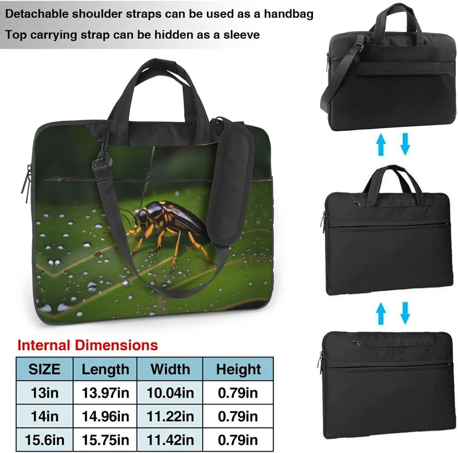 Insects on leaves pattern Ultra-thin portable shoulder laptop bag Stylish and Protective Shockproof soft lining
