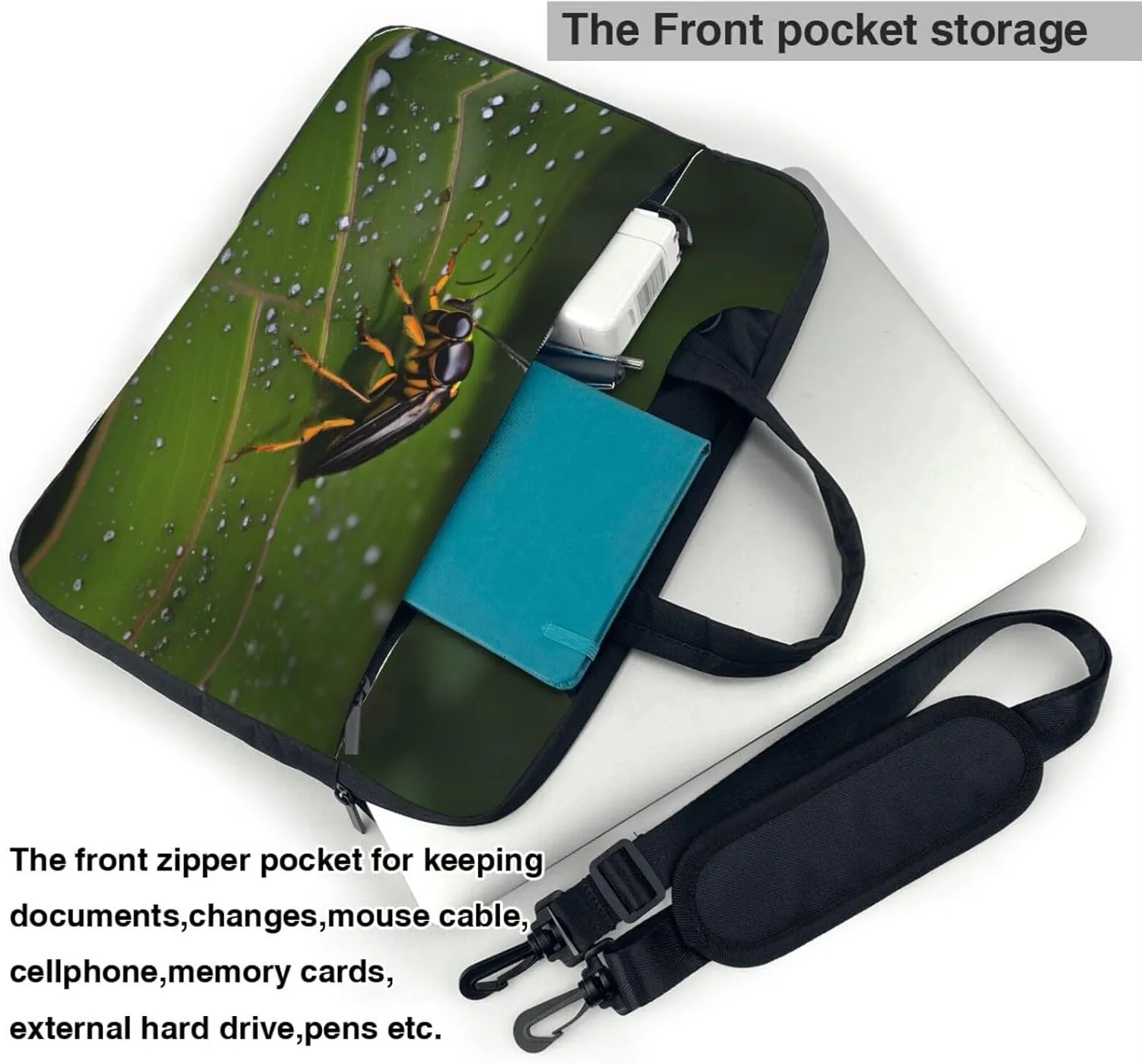 Insects on leaves pattern Ultra-thin portable shoulder laptop bag Stylish and Protective Shockproof soft lining