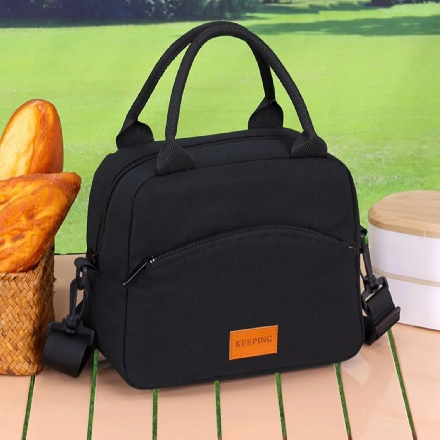 Insulated Lunch Bag for Work - Large Tote with Detachable Crossbody Strap, Dense Oxford Waterproof Lunch Box Bag (Black)