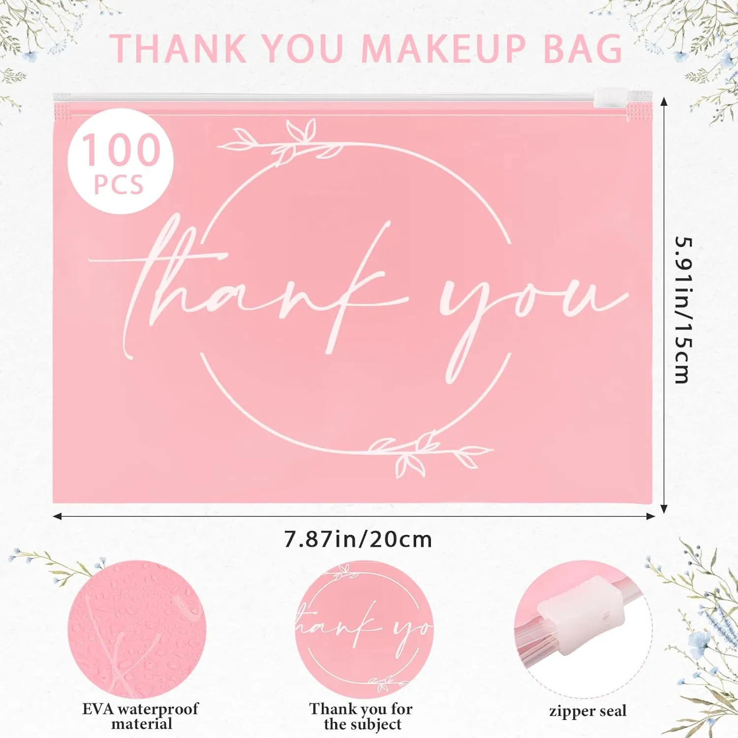 Ireer 100 Pcs Thank You Gift Makeup Bags EVA Clear Cosmetic Bag with Zipper Mini Makeup Thank You Toiletry Cosmetics Bulk Gifts for Women Birthday Daughter Sister(Pink, White)
