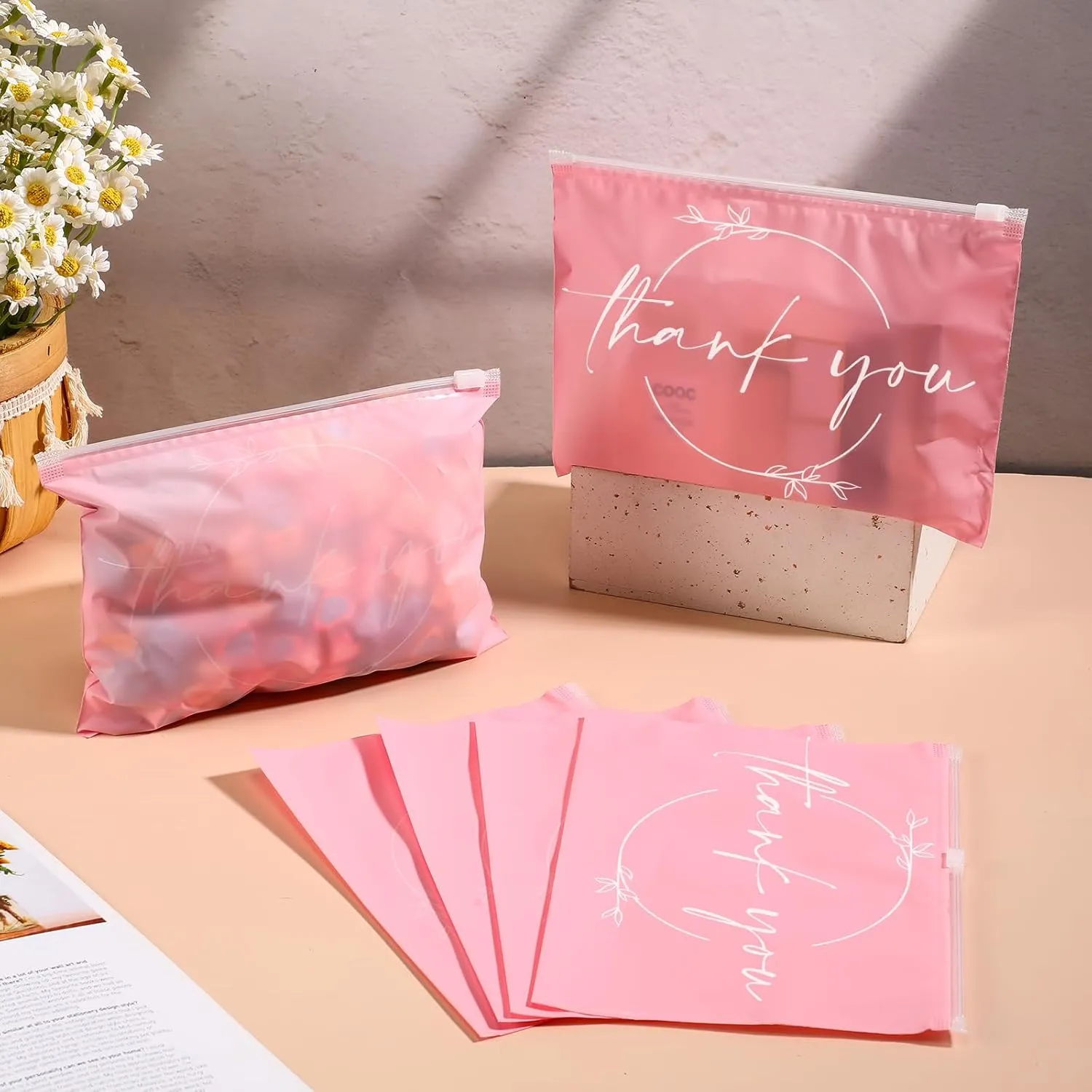 Ireer 100 Pcs Thank You Gift Makeup Bags EVA Clear Cosmetic Bag with Zipper Mini Makeup Thank You Toiletry Cosmetics Bulk Gifts for Women Birthday Daughter Sister(Pink, White)