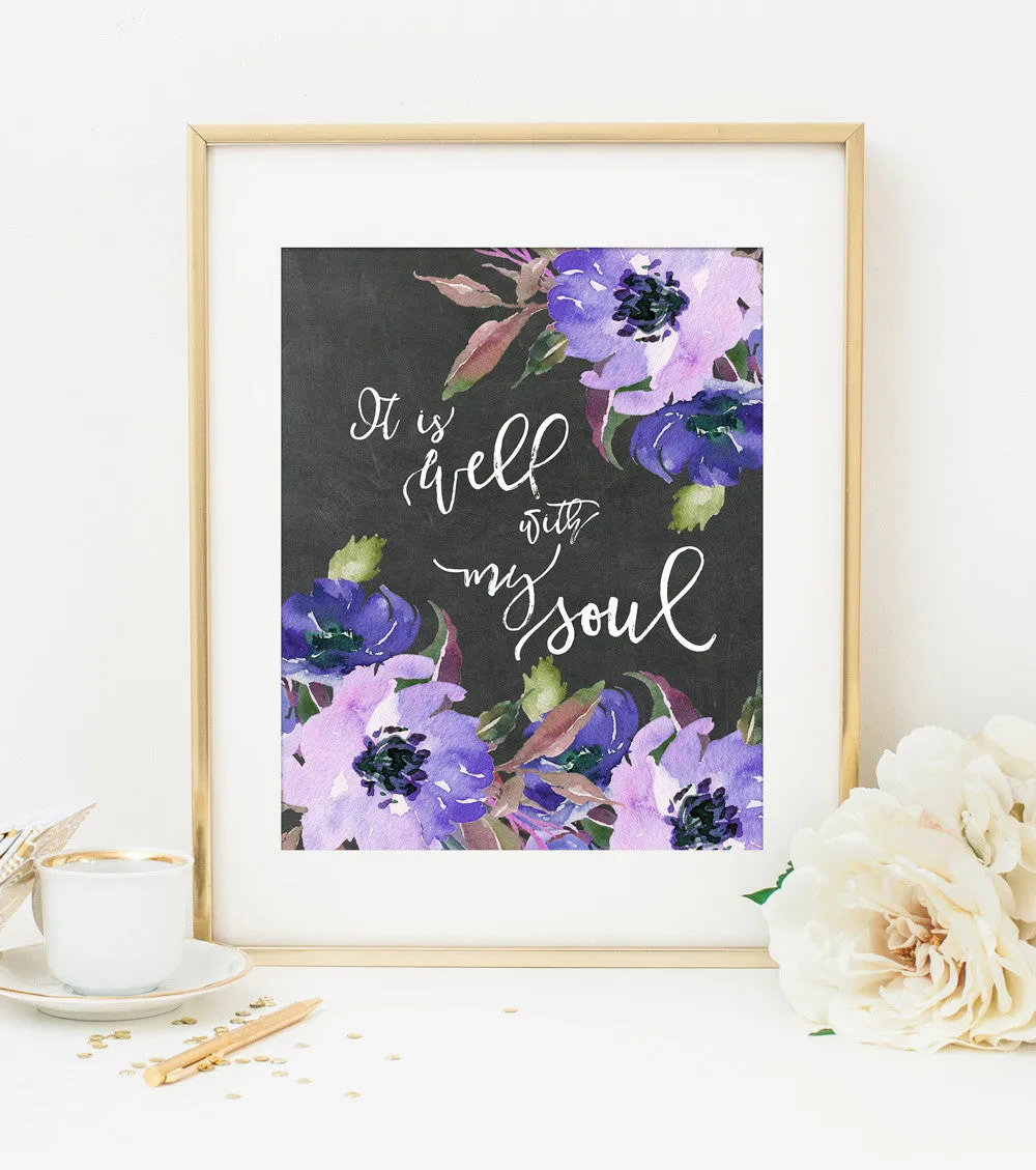 IT IS WELL WITH MY SOUL Bible Verse Art Print in Watercolor Floral