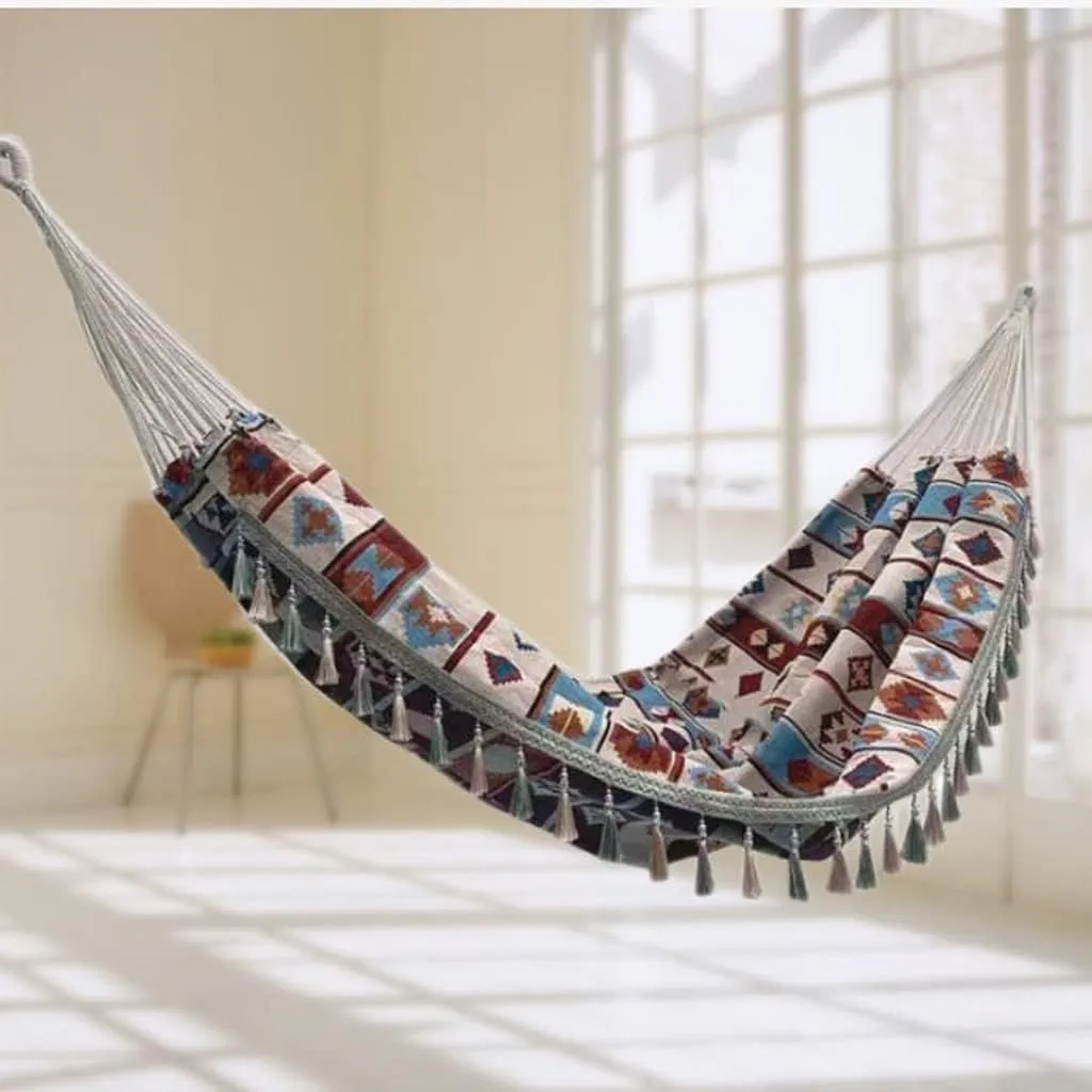 Jacquard Retro Geometric Canvas Hammock Double Outdoor Supplies Indoor Camping Tassel Swing (Color : C)
