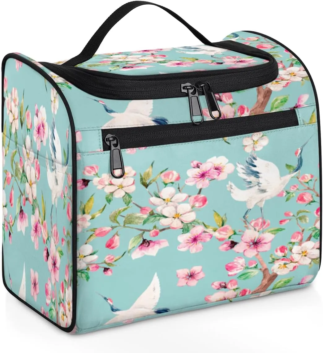 Japanese Cherry Blossoms Crane Travel Makeup Bag for Women Men Portable Waterproof Cosmetic Bag Large Capacity Toiletry Bag Make up Case Organizer Bathroom Shower Bag with Handle Travel Accessories