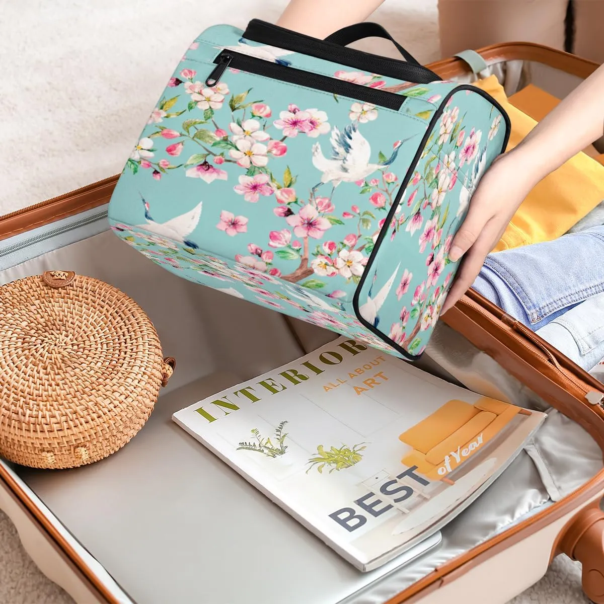 Japanese Cherry Blossoms Crane Travel Makeup Bag for Women Men Portable Waterproof Cosmetic Bag Large Capacity Toiletry Bag Make up Case Organizer Bathroom Shower Bag with Handle Travel Accessories