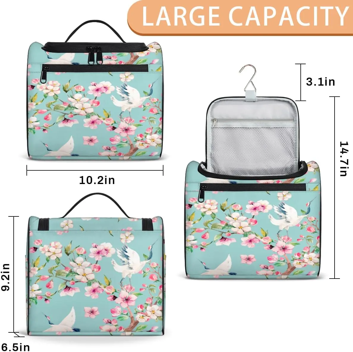 Japanese Cherry Blossoms Crane Travel Makeup Bag for Women Men Portable Waterproof Cosmetic Bag Large Capacity Toiletry Bag Make up Case Organizer Bathroom Shower Bag with Handle Travel Accessories