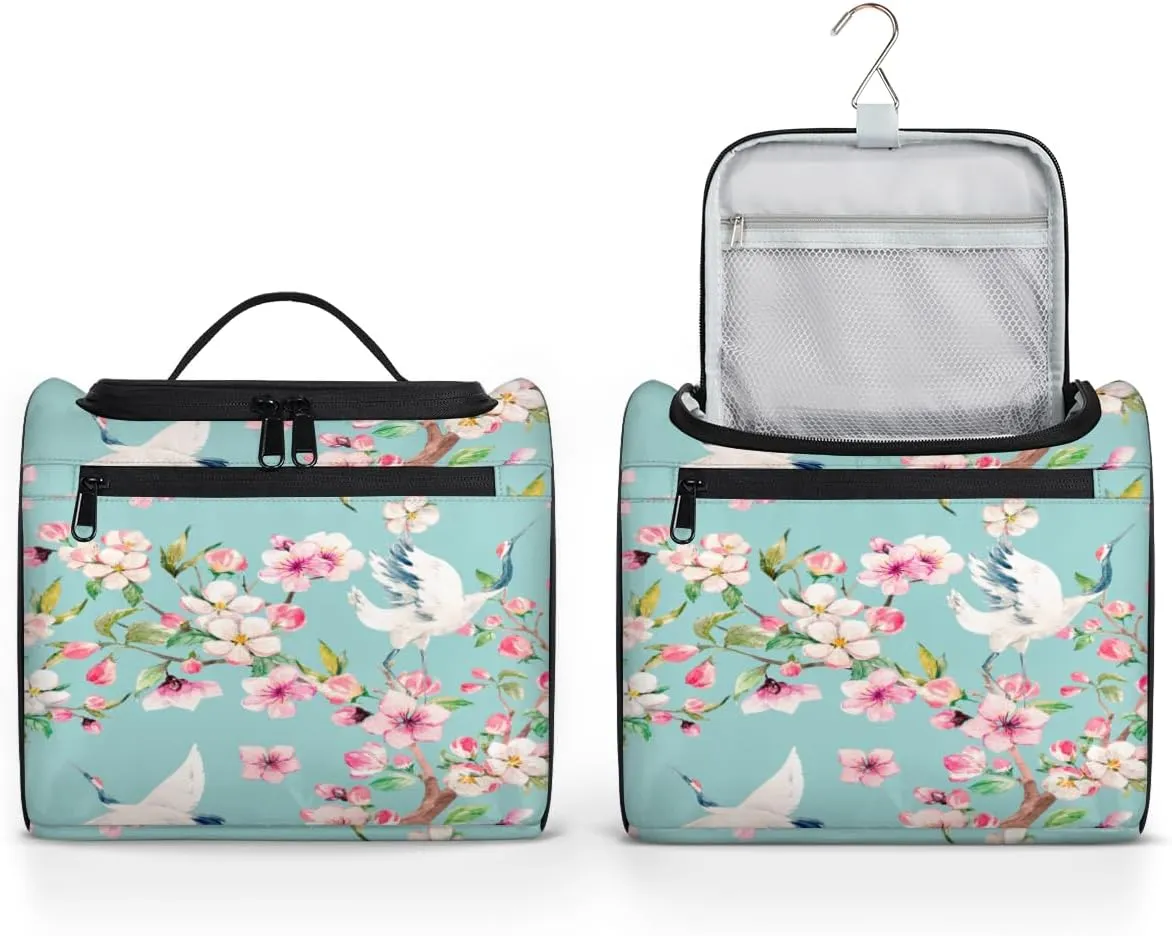 Japanese Cherry Blossoms Crane Travel Makeup Bag for Women Men Portable Waterproof Cosmetic Bag Large Capacity Toiletry Bag Make up Case Organizer Bathroom Shower Bag with Handle Travel Accessories