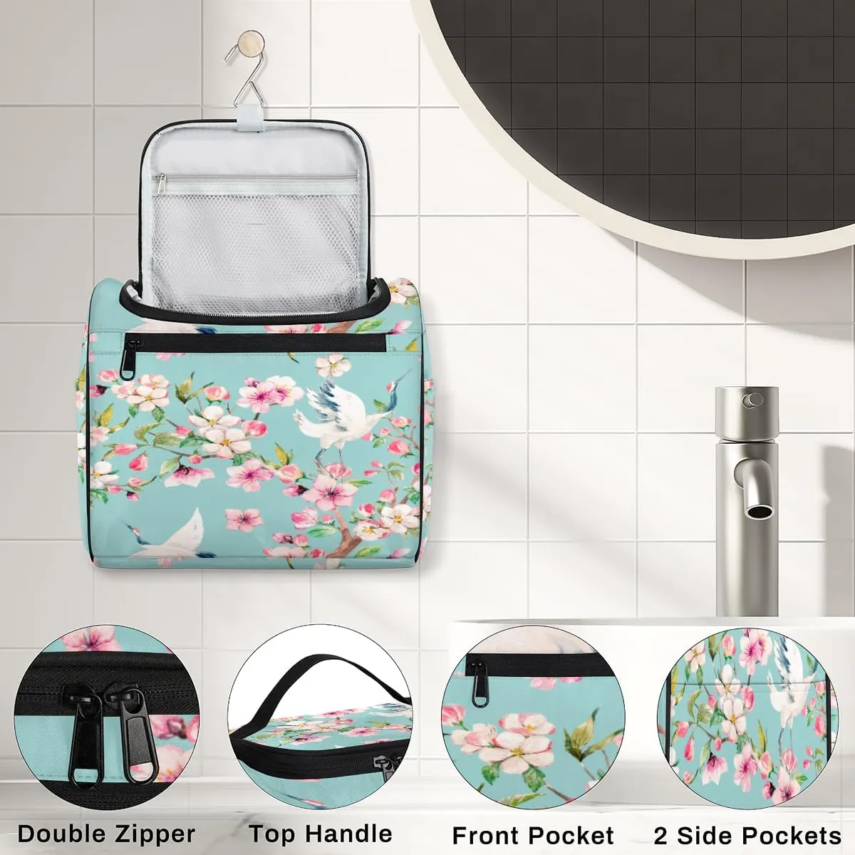 Japanese Cherry Blossoms Crane Travel Makeup Bag for Women Men Portable Waterproof Cosmetic Bag Large Capacity Toiletry Bag Make up Case Organizer Bathroom Shower Bag with Handle Travel Accessories