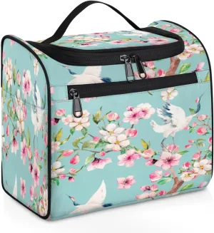 Japanese Cherry Blossoms Crane Travel Makeup Bag for Women Men Portable Waterproof Cosmetic Bag Large Capacity Toiletry Bag Make up Case Organizer Bathroom Shower Bag with Handle Travel Accessories