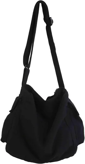 Japanese Literary Style Canvas Solid Color Shoulder Bag Harajuku Crossbody Bag ins Canvas Bag (black)