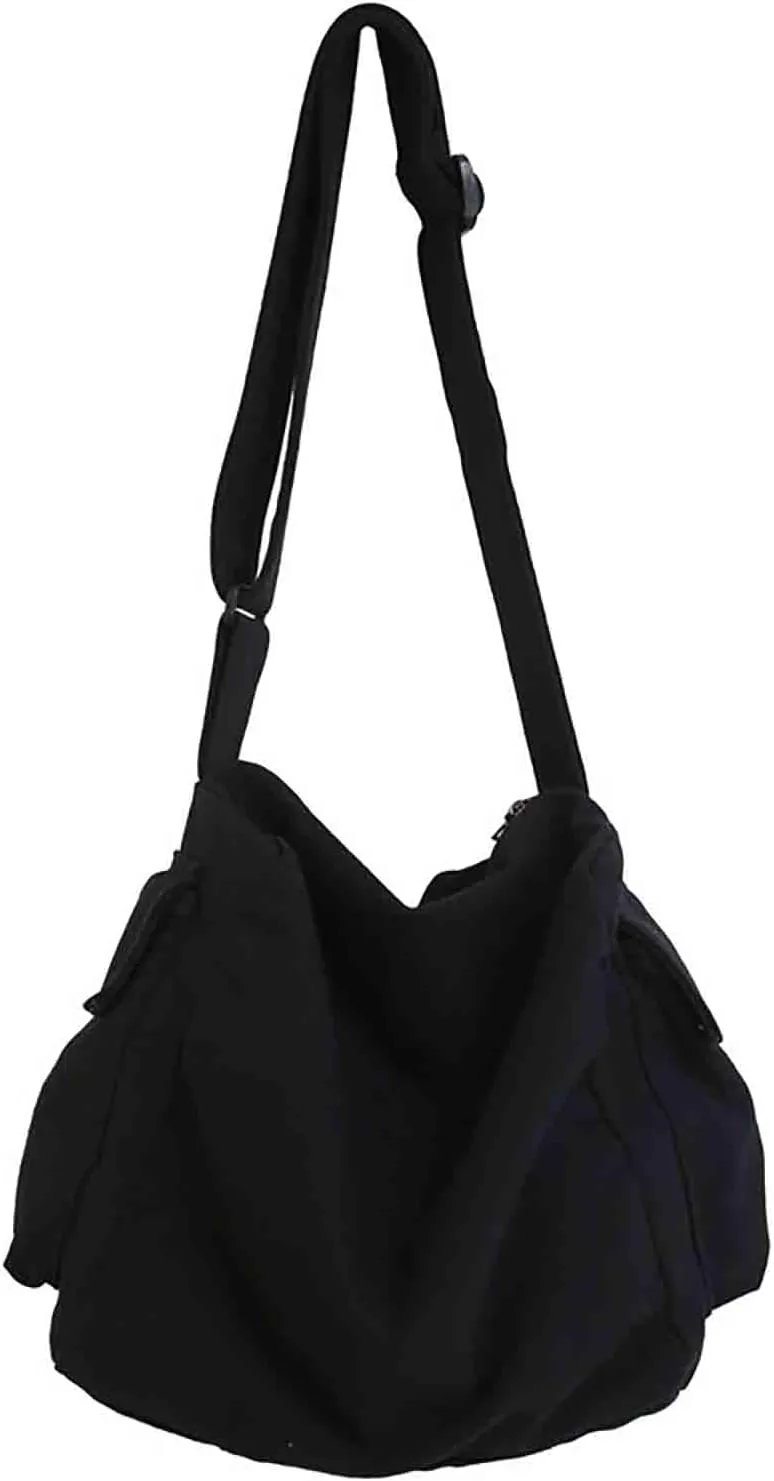 Japanese Literary Style Canvas Solid Color Shoulder Bag Harajuku Crossbody Bag ins Canvas Bag (black)