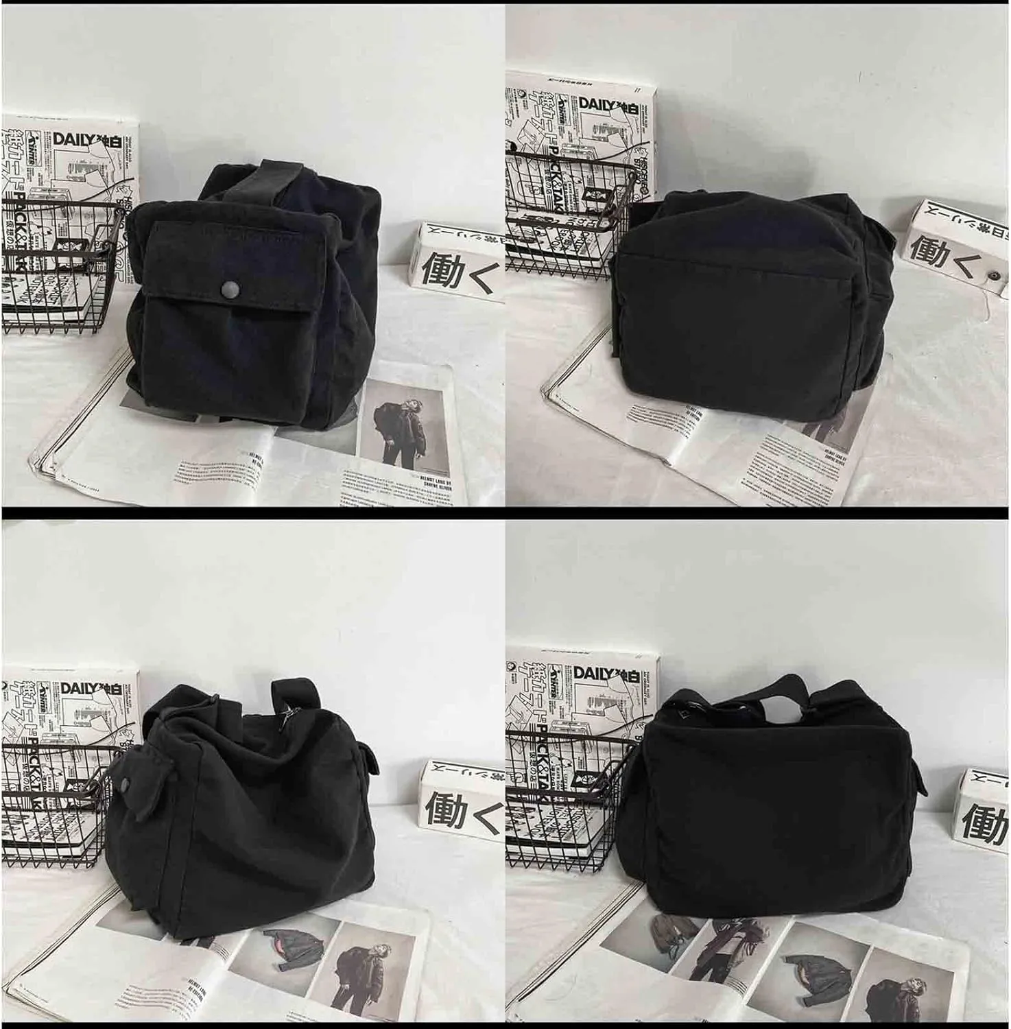 Japanese Literary Style Canvas Solid Color Shoulder Bag Harajuku Crossbody Bag ins Canvas Bag (black)