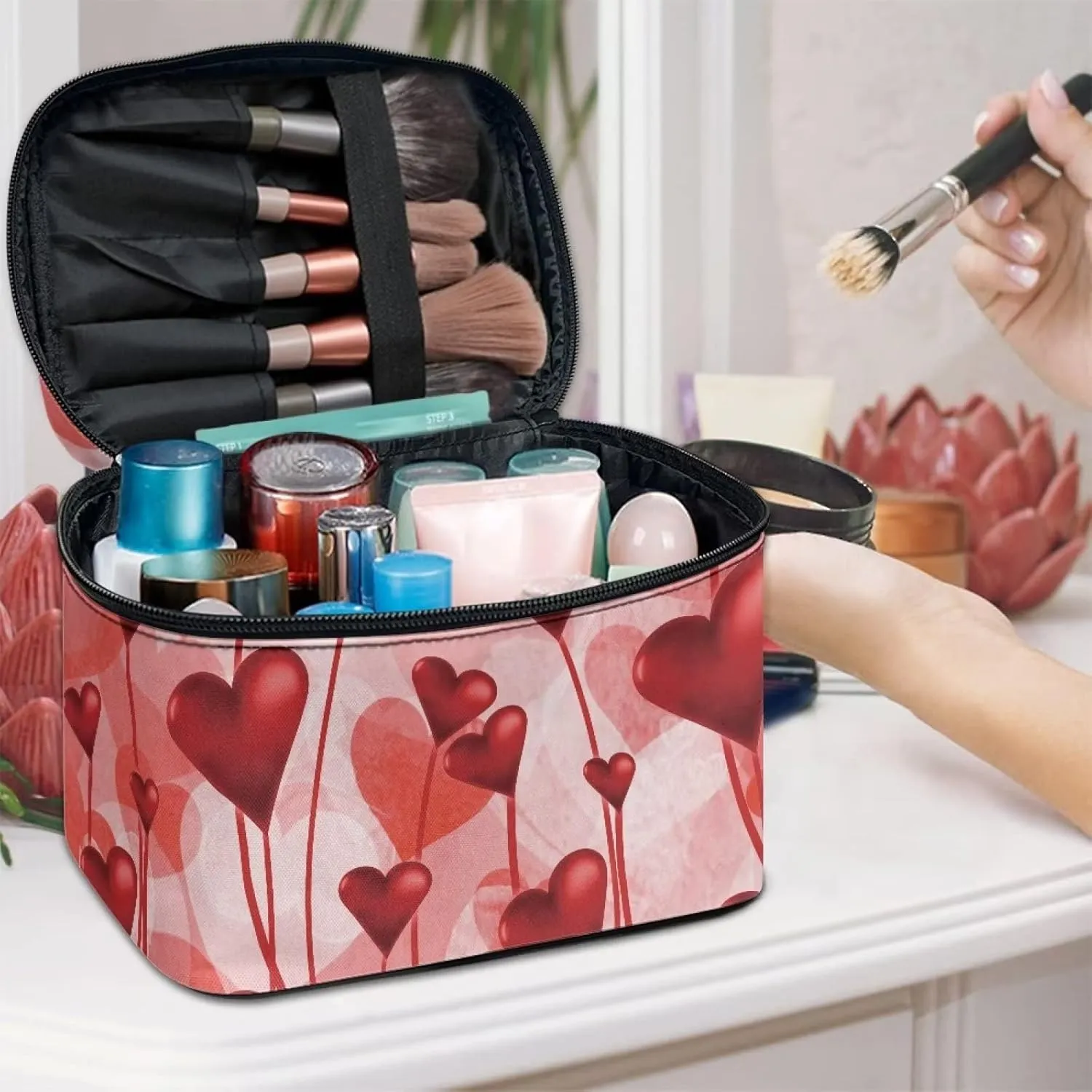 JEOCODY Valentine Heart Cosmetic Bag Portable Makeup Pouch with Handle Multifunction Travel Makeup Train Case for Women Cosmetic Bag Portable Travel Case Waterproof and Durable
