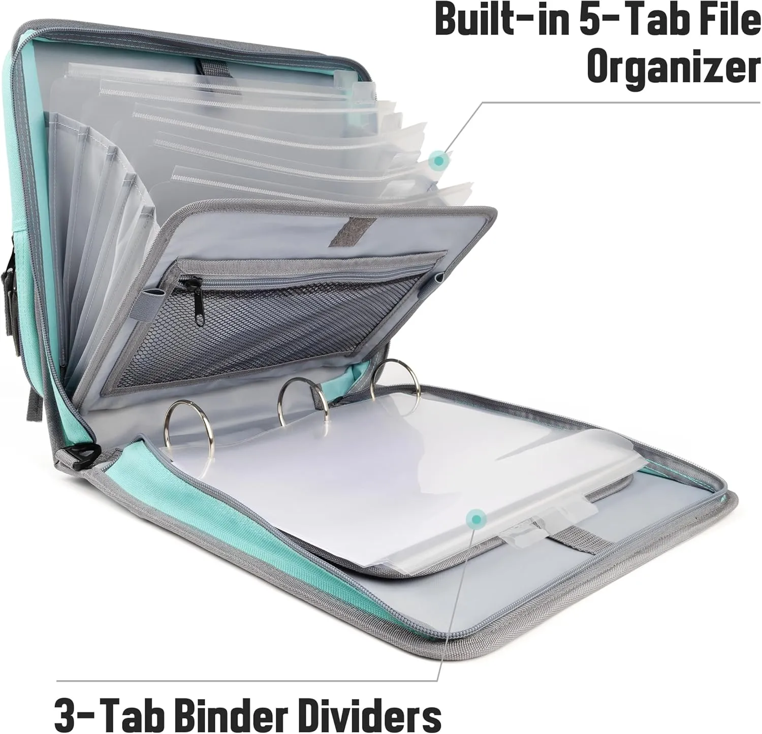 Joryin Zipper Binder with Shoulder Strap, 3-Ring Binders 3 Inch, 700 Sheet Capacity & Holds up to 14 Inch MacBook/Tablet, Multi-Pockets for School and Office Binder Organizer, Mint Green