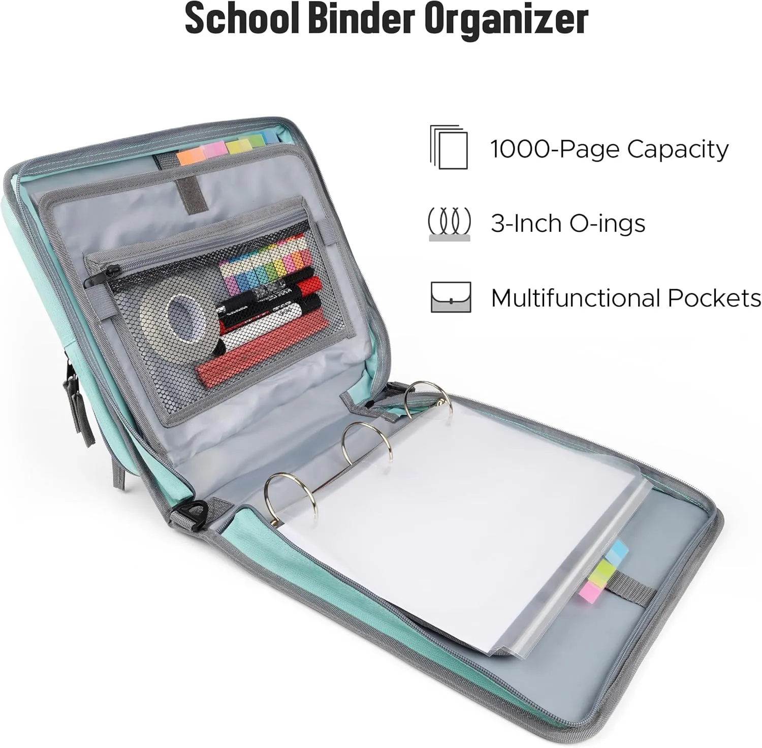 Joryin Zipper Binder with Shoulder Strap, 3-Ring Binders 3 Inch, 700 Sheet Capacity & Holds up to 14 Inch MacBook/Tablet, Multi-Pockets for School and Office Binder Organizer, Mint Green