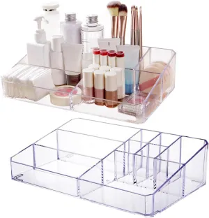 Jucoan 2 Pack Makeup Organizer Tray, Clear Acrylic 9-Compartment Vanity Skincare Cosmetics Organizer and Storage,12.5 X 7.5 X 3 Inch Cosmetic Display Case for Makeup Brush, Lipsticks