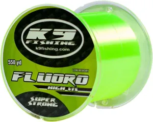 K9 Hi-Vis Fluoro Fishing Line — Ultra Low-Memory, Abrasion Resistant, Long-Casting — Glow in The Dark, Chartreuse — Virtually Invisible Underwater — Great for Spinning Reels — 550 Yards, 17lb