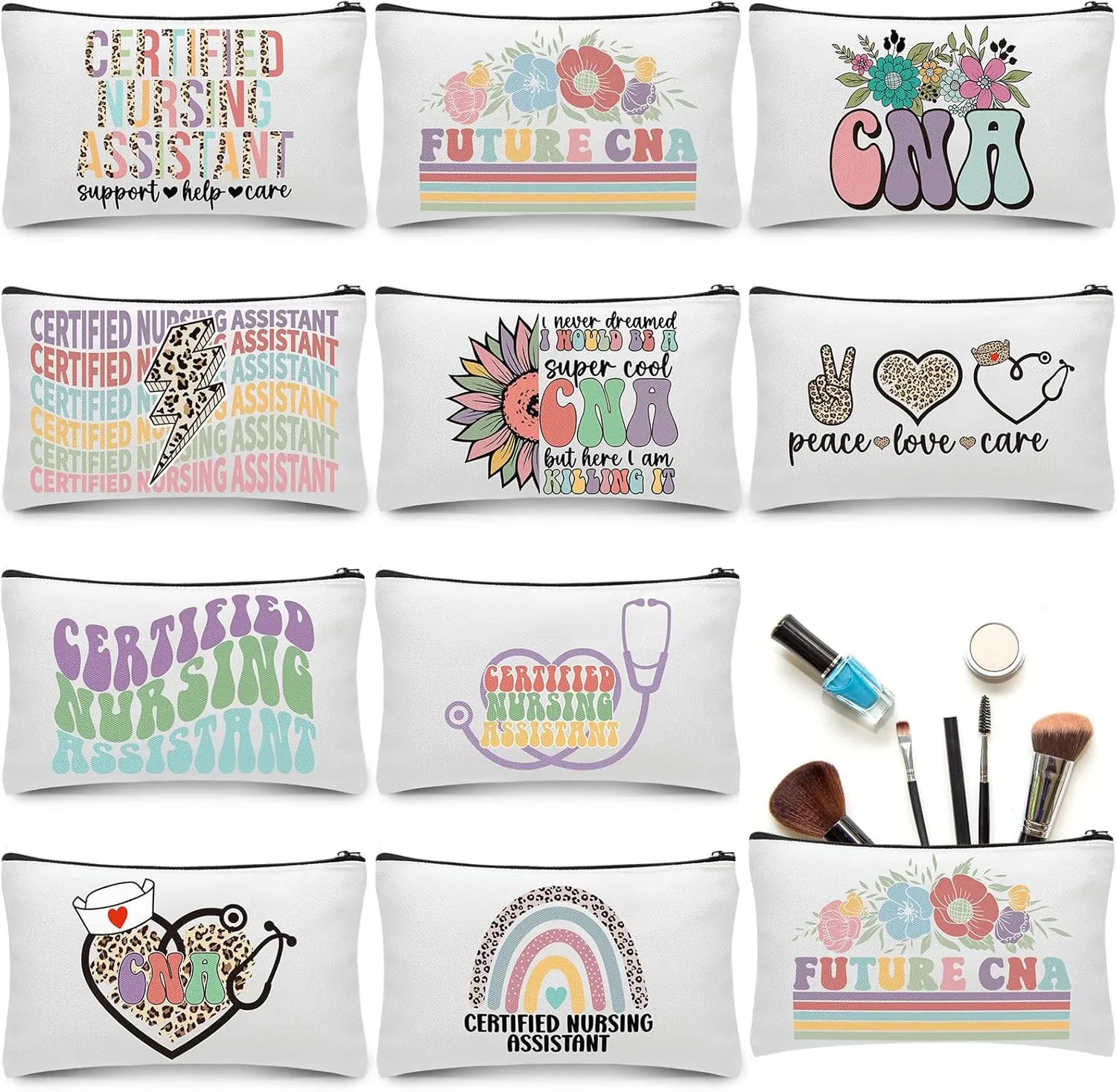 Kacctyen 10 Pcs Cna Appreciation Gifts Certified Nursing Assistant Makeup Cosmetic Canvas Cna Week Portable Pouch Bags Portable Week for Nursing