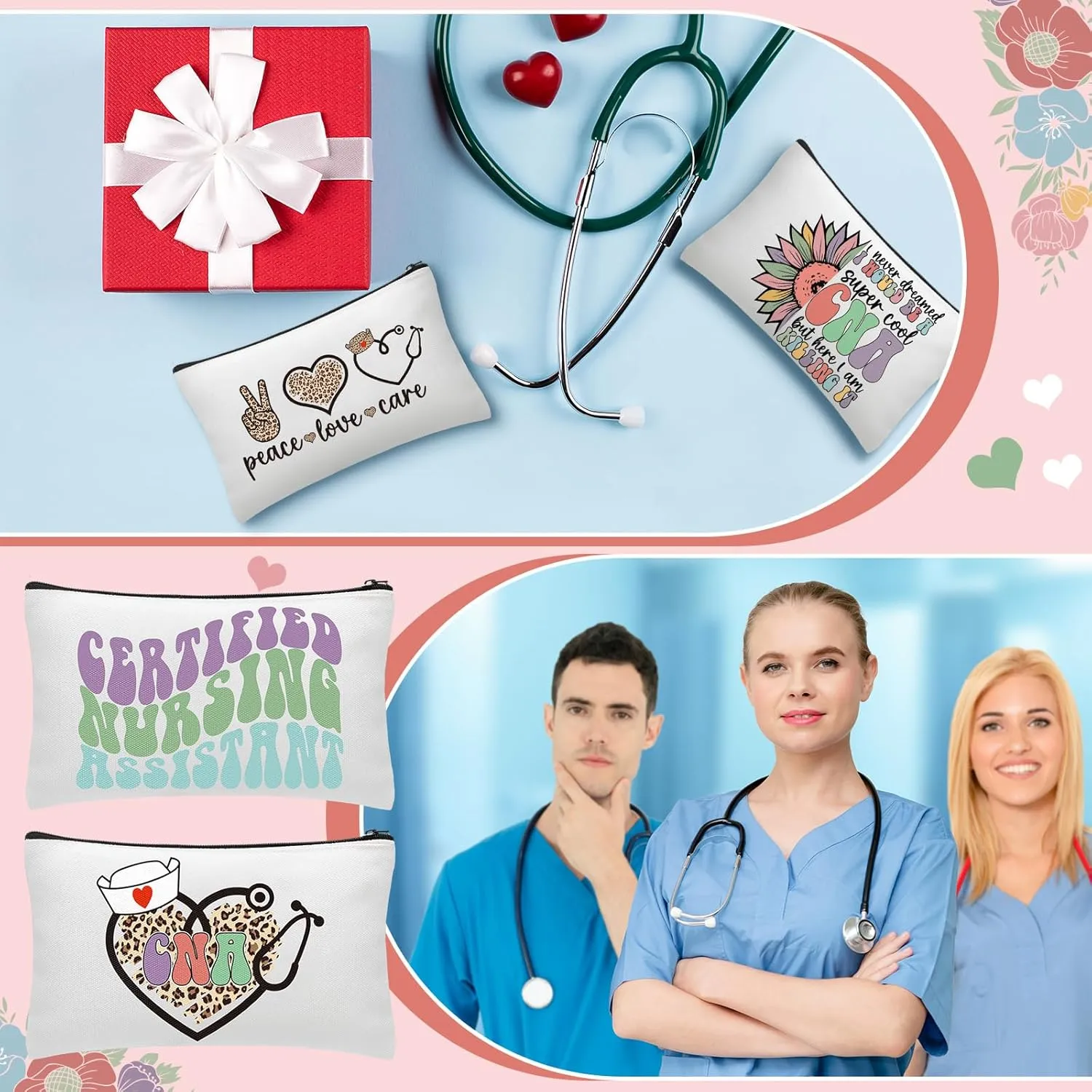 Kacctyen 10 Pcs Cna Appreciation Gifts Certified Nursing Assistant Makeup Cosmetic Canvas Cna Week Portable Pouch Bags Portable Week for Nursing