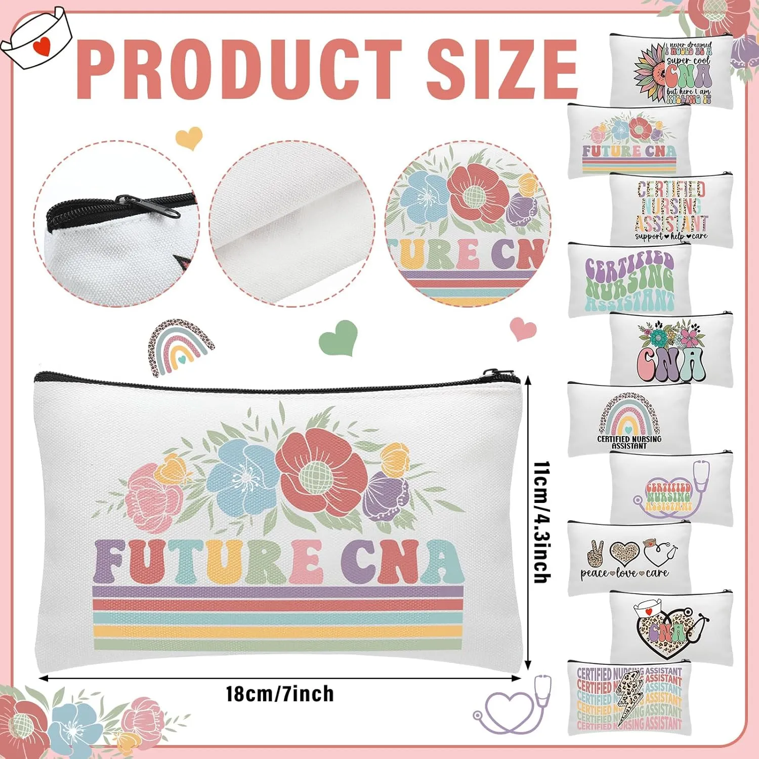 Kacctyen 10 Pcs Cna Appreciation Gifts Certified Nursing Assistant Makeup Cosmetic Canvas Cna Week Portable Pouch Bags Portable Week for Nursing